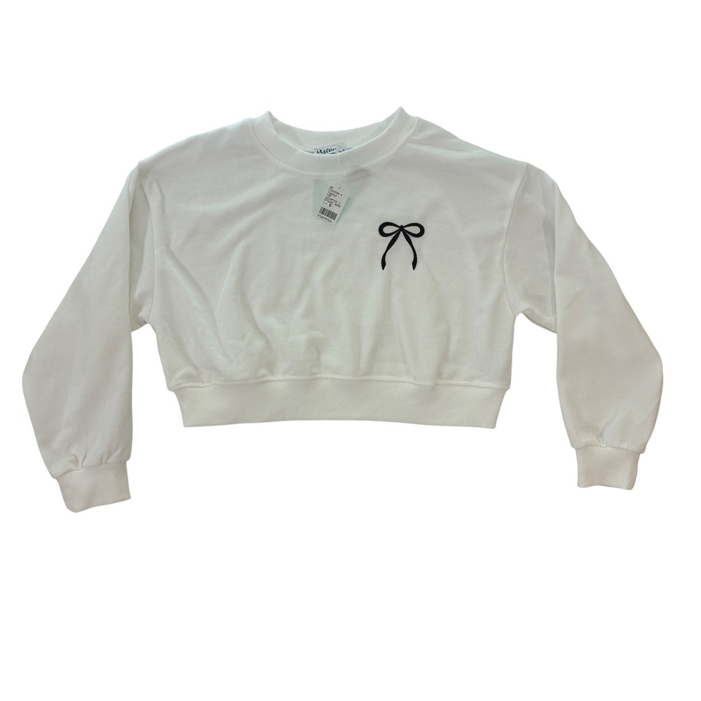 Aster Womens White Cropped Short Sleeve Sweatshirt Black Bow Size S NWT